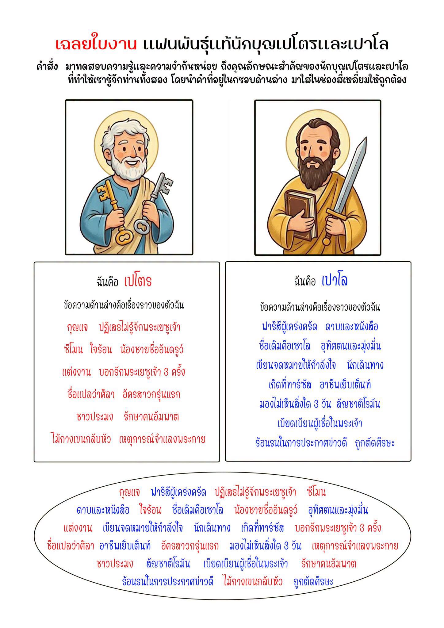 เฉลยใบงานคำสอน แฟนพันธุ์แท้นักบุญเปโตรและเปาโล